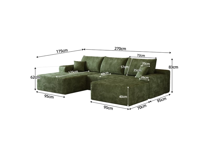 Canapé d'angle modulaire 270cm - canapé en l avec méridienne gauche, velours côtelé, sans montage - vert - Conforama E