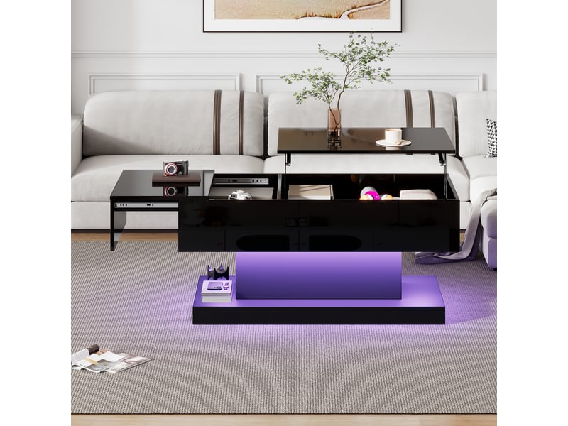  Table basse relevable noire 100x50x45 cm avec éclairage led, plateau coulissant et rangement intégré  - Conforama W