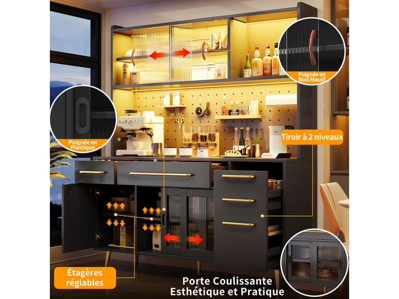  Buffet de cuisine 145x39x171 cm, éclairage éclairage led, avec tiroirs, porte coulissante, meuble de salon, mdf, noir  - Conforama D