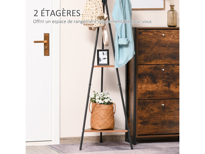 Porte-manteau trépied style industriel branches 2 étagères + 6 patères dim. 52l x 46l x 182h cm noir métal - Conforama E