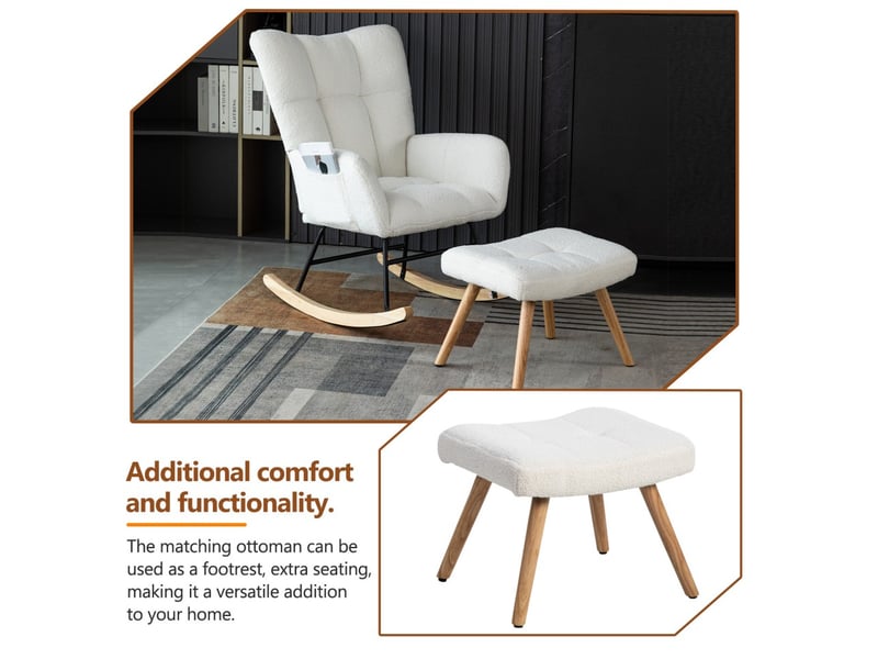  Fauteuil à bascule relax - 94x64x92 cm - avec repose-pieds en tissu bouclé pieds bois et métal - blanc  - Conforama D