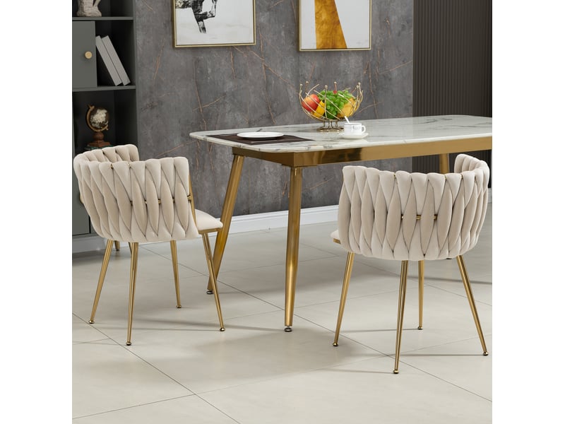  Chaise de salle à manger tcqpz lot de 2 en velours ivoire, dossier arrondi tressé, pieds métalliques dorés, 74 cm  - Conforama E