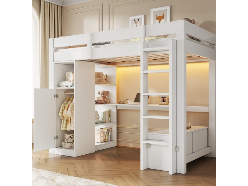  Lit mezzanine 90x200 cm bureau armoire, 2 tiroirs led usb rangement sécurisé bois mdf blanc sans matelas  - Conforama E