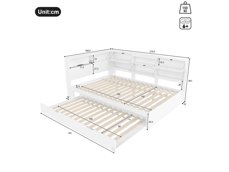  Lit banquette 140x200 avec lit gigogne blanc 90x190 - tête de lit avec rangement et ports usbtype-c  - Conforama C