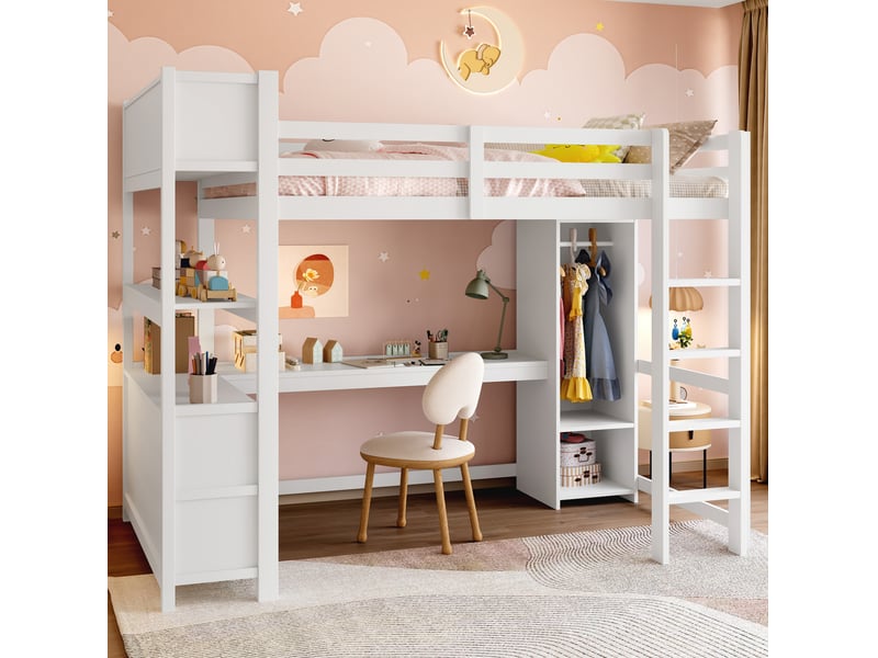  Lit mezzanine enfant 140x200 cm avec bureau, rangements et penderie blanc  - Conforama E
