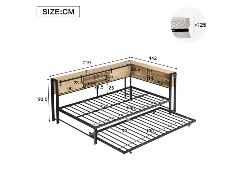 Lit jeune, lit gigogne 120x200 cm, noir, doté de tête de lit rangement, aspect bois  - Conforama C