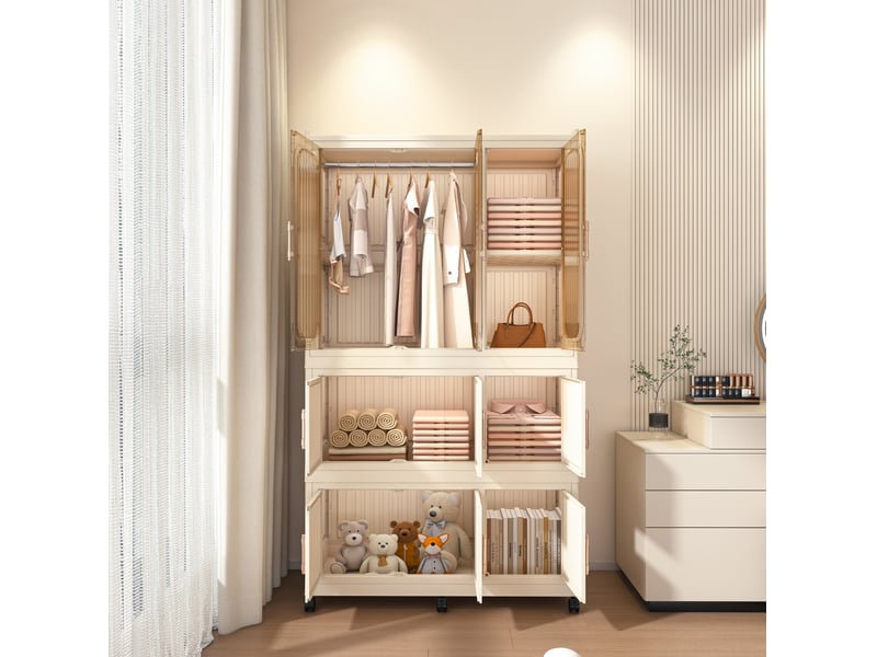  Armoire penderie pliable 92 x 45 x 158 cm blanc crème en polypropylène, 9 portes magnétiques sur roulettes  - Conforama B