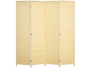 Paravent 4 panneaux pliable en bambou et coton avec cadre en bois naturel, séparation intérieure 180 × 180 cm