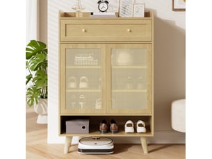 Meuble à chaussures 80 x 35 x 105 cm - bois clair - 2 portes, 1 tiroir, façade tressée pour entrée, couloir ou salon
