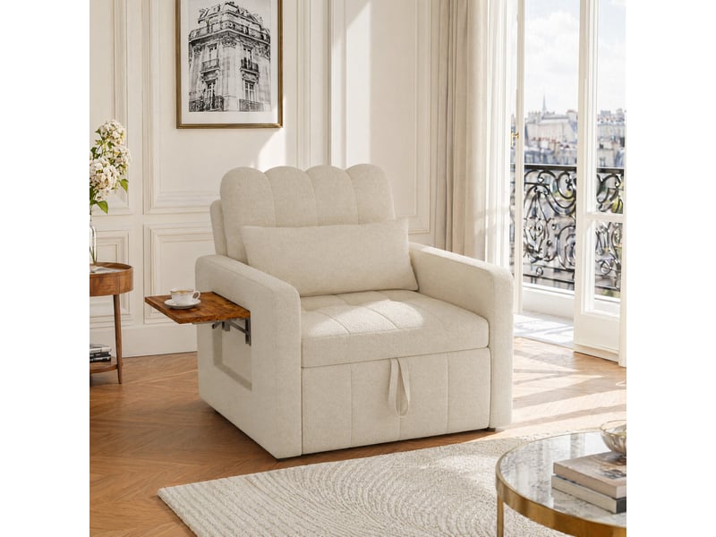  Fauteuil convertible fauteuil lit ,canapé 1 place réglable avec rangement,fauteuil 3-en-1,roues et tissu chenille - beige  - Conforama D