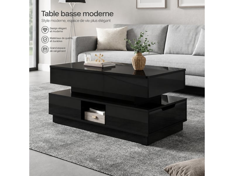  Table basse relevable noire avec rangement, led et prise intégrée, 90 x 48 cm  - Conforama E