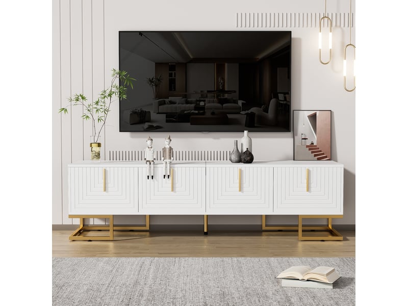  Meuble tv bas 170 cm blanc, 4 portes texturées, poignées et pieds dorés  - Conforama D