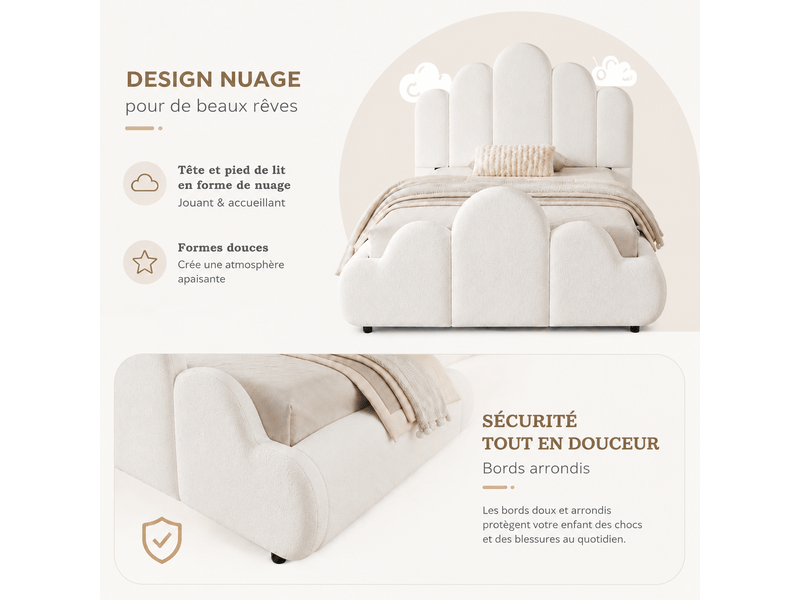  Lit enfant rembourré en bouclé 90x200 cm, lit simple avec tête de lit capitonnée, coins arrondis et sommier à lattes, beige  - Conforama E