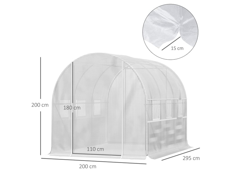 Serre tunnel de jardin 295x200x200 cm – blanche – 6 fenêtres enroulables avec moustiquaires et porte zippée - Conforama C