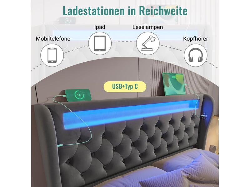  Lit led 160x200 avec matelas, lit coffre velours gris avec rangement hydraulique, ports usbtype-c et design contemporain  - Conforama D