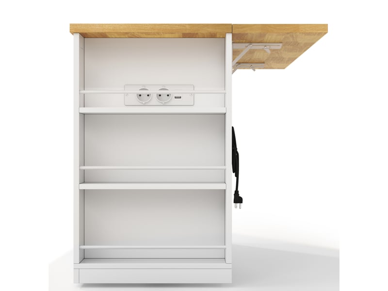  Îlot de cuisine mobile blanc et bois naturel en mdf, plateau rabattable, prise intégrée, roulettes, 130 × 50 (80) × 87 cm  - Conforama C