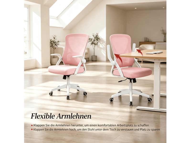  Chaise de bureau ergonomique pivotante avec dossier inclinable et accoudoirs rabattables en maille rose  - Conforama D
