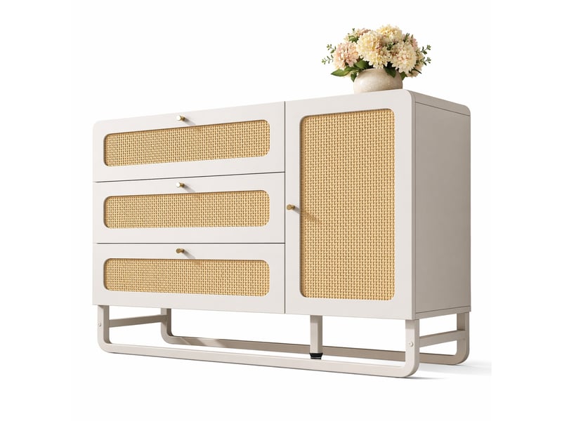  Commode 120x40x85 cm blanche mdf et métal, 3 tiroirs, porte avec étagères réglables et kit anti-basculement  - Conforama A