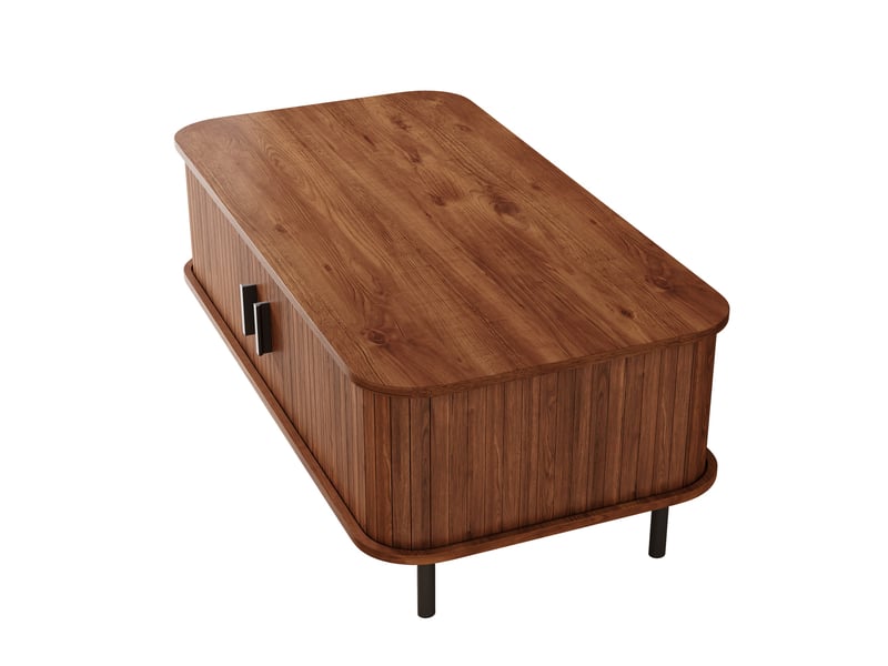 Table basse rectangulaire à portes coulissantes avec rangement, design moderne à lattes verticales, table d'appoint pour salon. - Conforama E