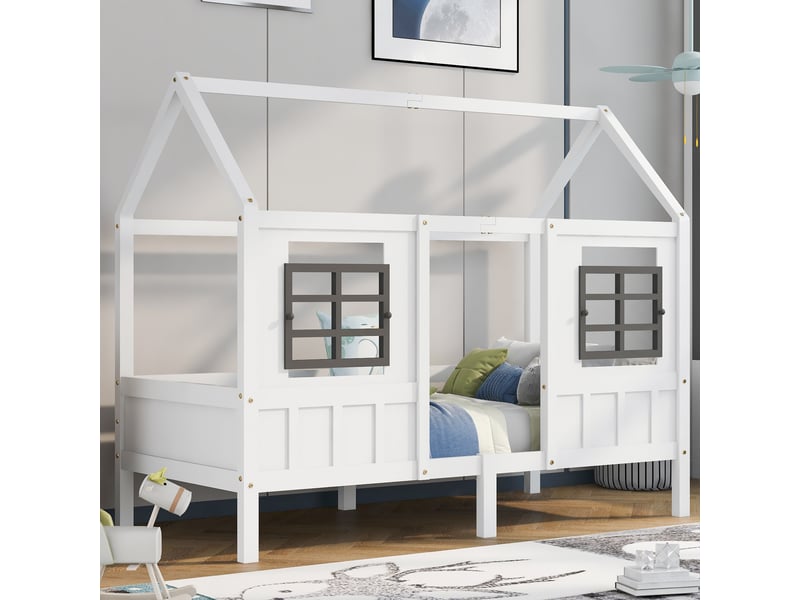  Lit cabane enfant 200x90 cm avec 2 fenêtres, bois et mdf blanc  - Conforama B