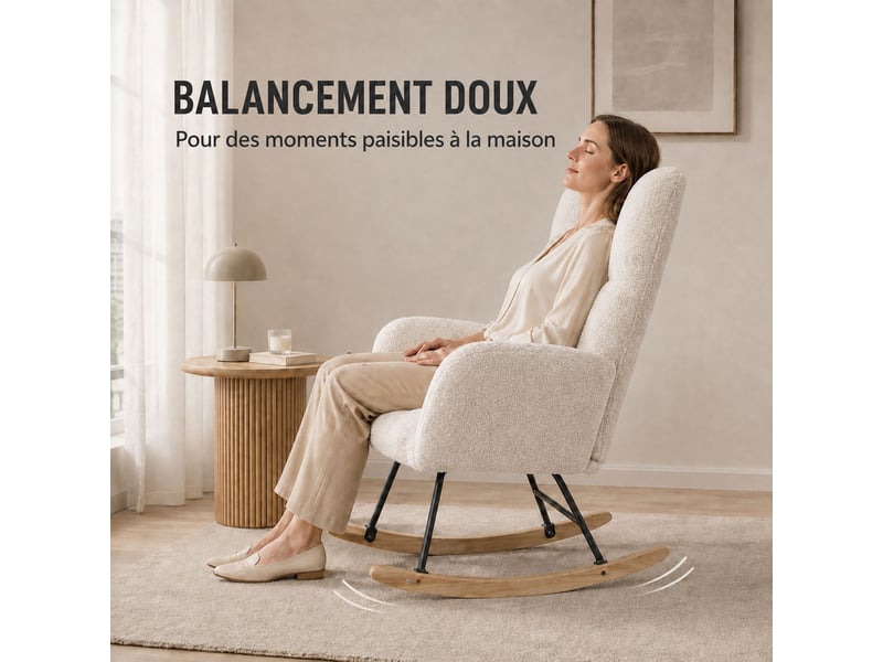  Fauteuil à bascule teddy blanc, fauteuil rocking‑chair ergonomique avec dossier haut et accoudoirs rembourrés, base en bois massif, chaise de relaxation pour salon, chambre et chambre bébé  - Conforama E