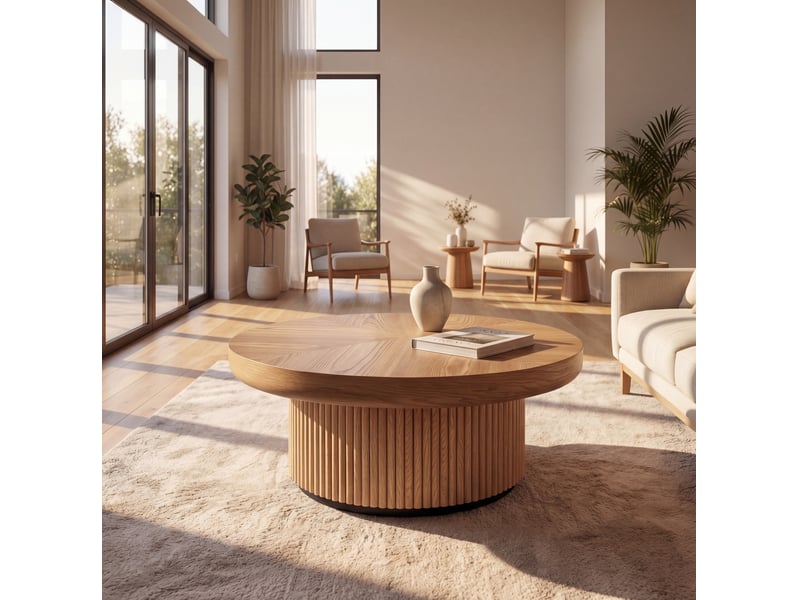  Table basse ronde ø78x38,5 cm plateau effet parquet bois, base cylindrique striée, style milieu du siècle, bois naturel  - Conforama D