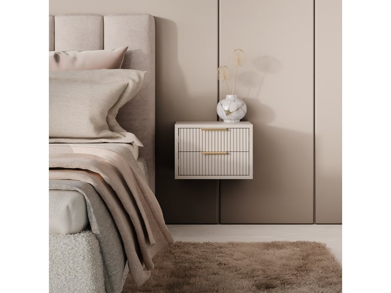  Table de chevet murale suspendue 2 tiroirs beige cachemire façade rainurée  - Conforama C