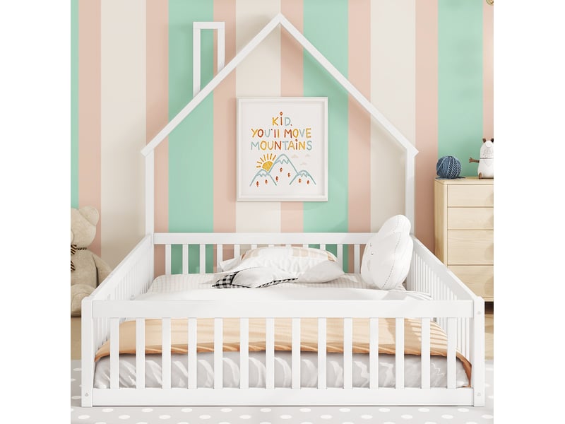 Lit enfant 140 x 200 cm avec sommier à lattes, forme cheminée, blanc, sans matelas - Conforama D