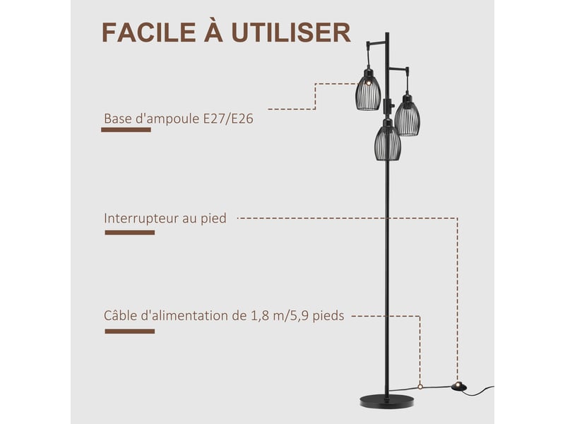  Lampadaire style industriel 40 w max. 3 abat-jours en métal filaire luminosité réglable - noir - ampoule e27  - Conforama R