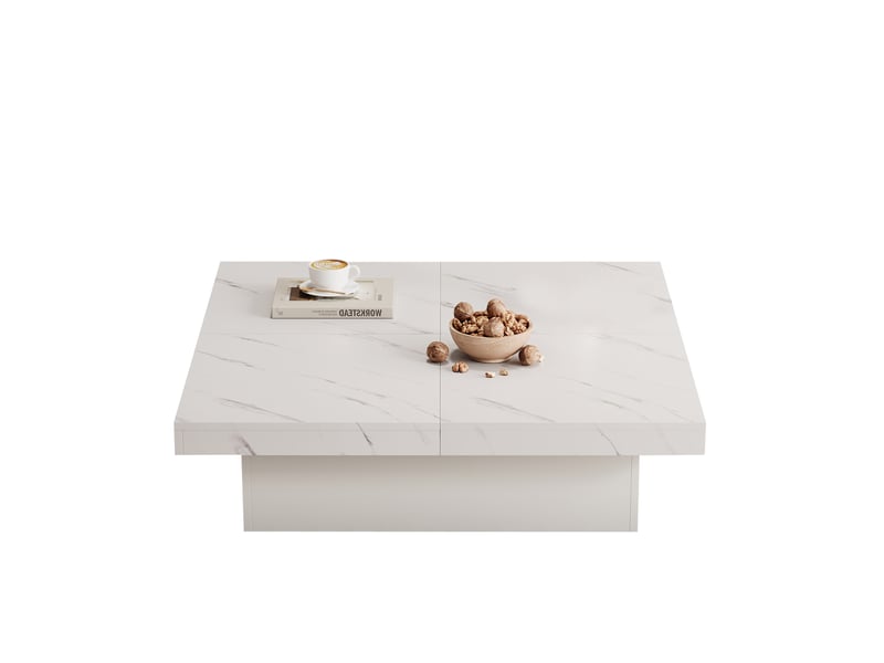  Table basse carrée blanche 90x90 cm, table basse effet marbre avec plateau coulissant et 4 tiroirs, charge 30 kg  - Conforama A