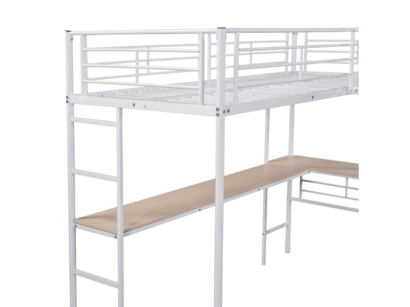  Lit mezzanine 2x90x200cm, 2xlit 1 place avec bureau, escalier, barrières et sommiers, lit en métal, blanc, sans matelas  - Conforama R