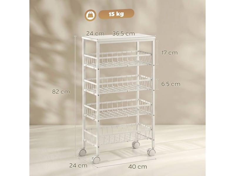  Desserte à roulettes 4 paniers coulissants métal et bois blanc 40 x 24 x 82 cm  - Conforama C