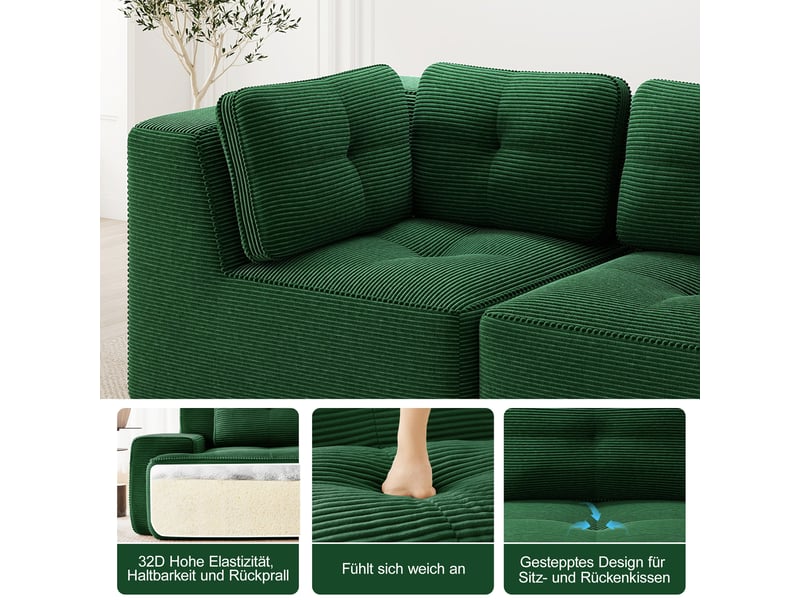  Canapé d'angle modulable 2 places en velours côtelé vert, sans montage, assise profonde, design sans cadre  - Conforama E