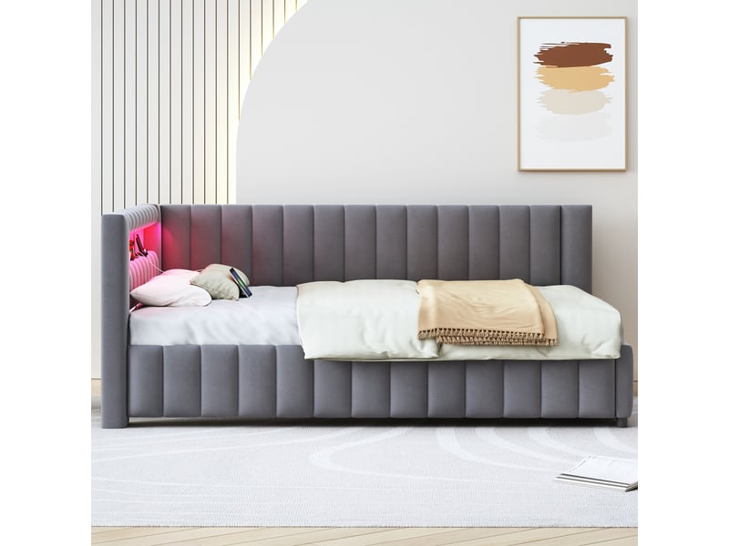  Lit canapé rembourré 140x200 cm, coloris gris, forme l, éclairage led, port usb.  - Conforama E