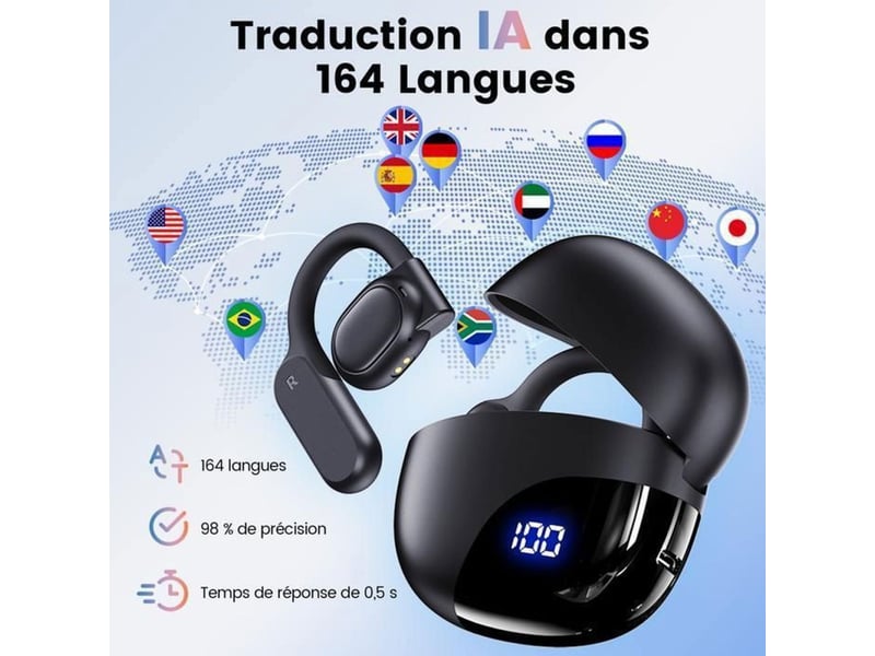  Ecouteurs sans fil ouverts avec traducteur ia 164 langues bluetooth 5.3 autonomie 80h boitier charge sans fil noir 176665_AAABC36226_6_DROPFR - Conforama B