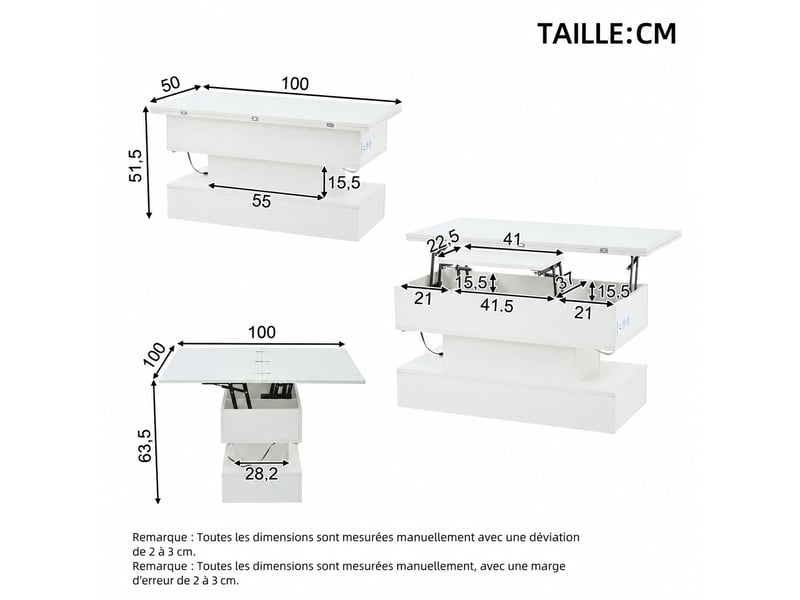  Table basse relevable et extensible avec rangement et led, 100 x 50 x 51,5 cm, blanc  - Conforama C