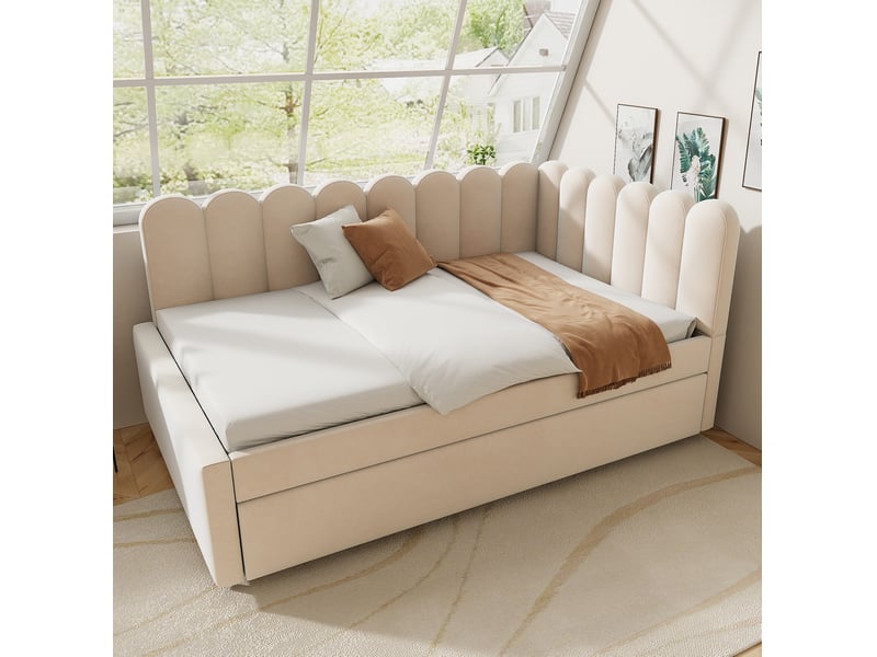  Lit rembourré tcqpz 140 x 200 cm l forme avec lit gigogne beige en velours  - Conforama E