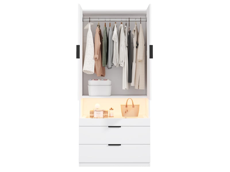  Armoire blanche avec éclairage led, penderie 90x50x200 cm avec 3 tiroirs et portes battantes  - Conforama A