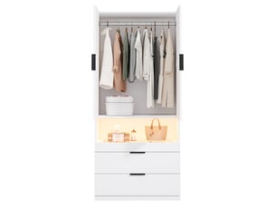 Armoire blanche avec éclairage led, penderie 90x50x200 cm avec 3 tiroirs et portes battantes
