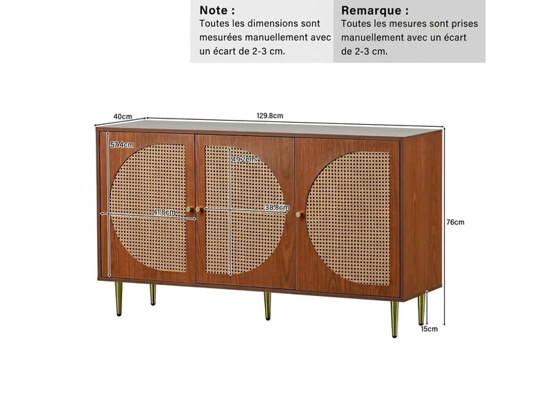  Buffet enfilade noyer 3 portes rotin 130 cm meuble de rangement salon  - Conforama C