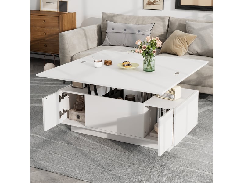  Table basse relevable blanche avec rangement caché, double plateau, 100x50 cm, charge 50 kg  - Conforama C