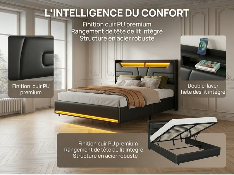  Lit 2 places 140 x 200 cm - éclairage led - prise électrique intégrée et sommier à lattes - noir  - Conforama D