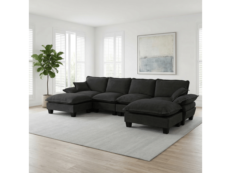  Canapé panoramique modulable 6 places, poufs mobiles, 2 coussins, revêtement chenille, 332 × 151 × 90 cm, noir  - Conforama D