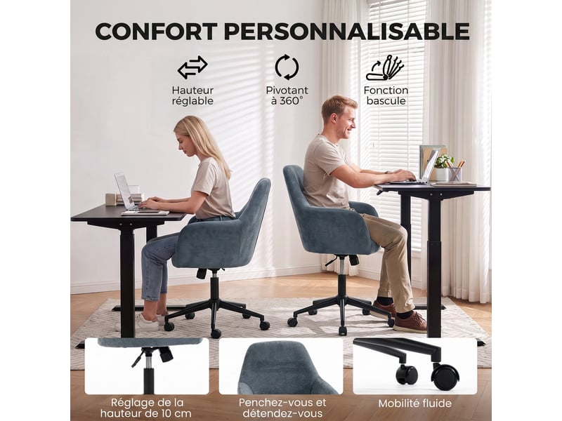 Chaise bureau ergonomique, fauteuil de bureau en chenille avec hauteur réglable, fonction bascule, bleu  - Conforama E