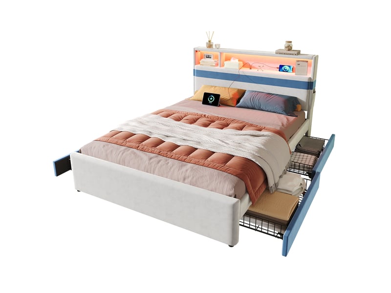  Lit double 140x200 cm avec 4 tiroirs, led et usb, velours blanc et bleu, sans matelas  - Conforama A