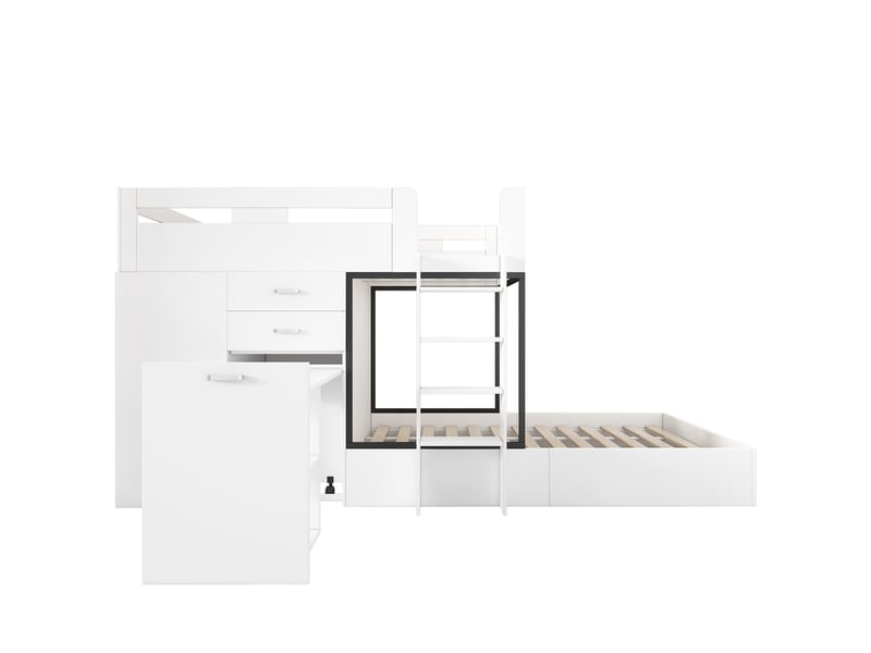  Lit superposé enfant avec bureau escamotable et armoire 90x200 cm blanc  - Conforama W