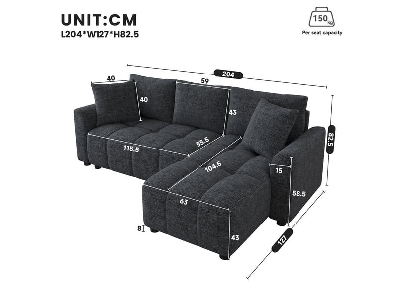 Canapé d’angle modulable 204 cm en l canapé 3 places avec 2 coussins décoratifs, revêtement en tissu chenille, pour salon et appartement, gris OPULERANE TRADING LTD - Conforama C