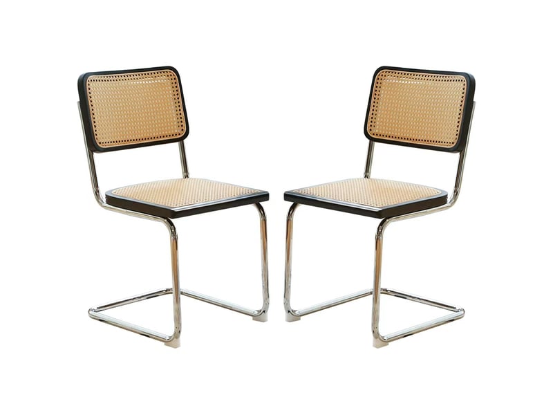 Lot de 2 chaises de salle à manger cantilever 53x46,4x84,6 cm, dossier en cannage rotin, assise rembourrée, piètement chromé, noir et bois - Conforama A