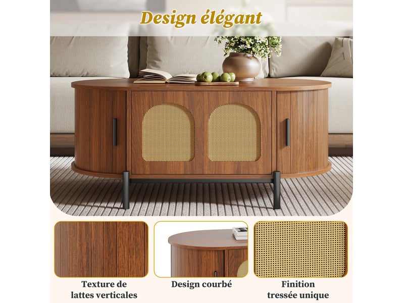  Table basse ovale en rotin 100x50x40 cm avec espace de rangement, portes coulissantes, pour salon, mdf, couleur noyer  - Conforama E