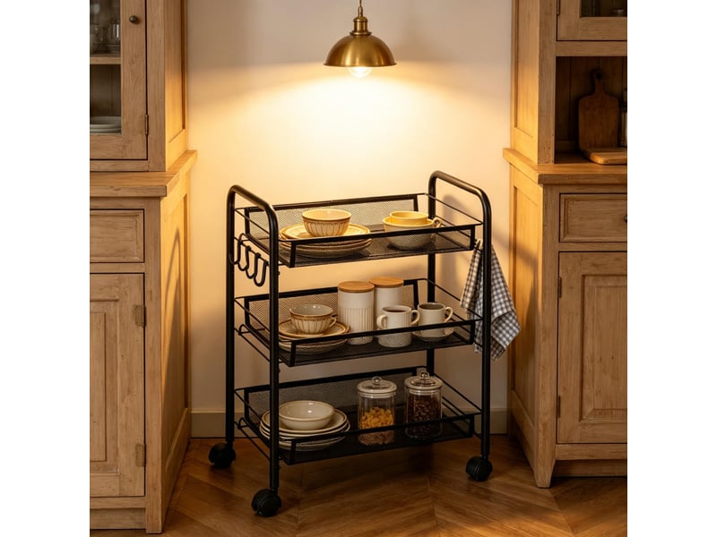  Chariot de rangement 3 niveaux en acier noir, desserte de cuisine à roulettes avec paniers en maille métallique, 45x26.5x63 cm  - Conforama R
